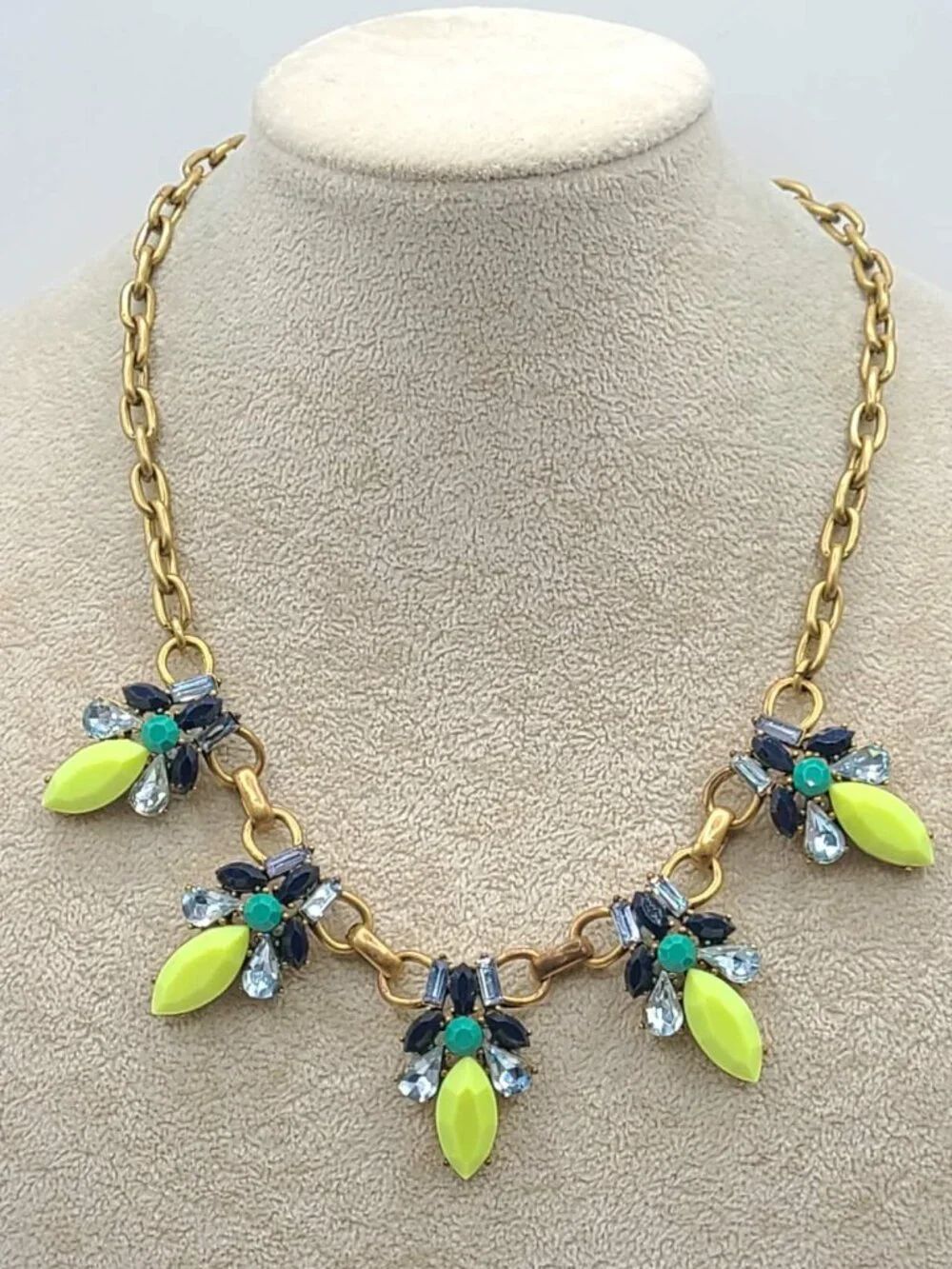 J Crew Gold Tone Green Blue Resin Statement Necklace
